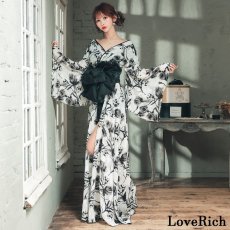画像2: 【高級ライン】【2点セット】墨花 和モダン 花柄 ロング 豪華 帯 花魁 着物 ドレス コスプレ ハロウィン キャバドレス (2)
