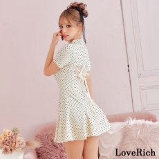 画像13: 【SMLサイズ】ドット柄 フロントジップ バックリボン ハイネック フレアスカート 袖あり 美胸 美脚 ミニドレス キャバドレス  (13)
