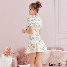 画像10: 【SMLサイズ】ドット柄 フロントジップ バックリボン ハイネック フレアスカート 袖あり 美胸 美脚 ミニドレス キャバドレス  (10)
