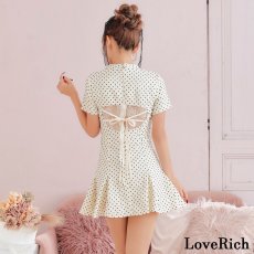 画像19: 【SMLサイズ】ドット柄 フロントジップ バックリボン ハイネック フレアスカート 袖あり 美胸 美脚 ミニドレス キャバドレス  (19)