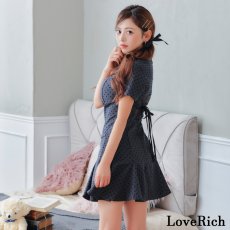 画像7: 【SMLサイズ】ドット柄 フロントジップ バックリボン ハイネック フレアスカート 袖あり 美胸 美脚 ミニドレス キャバドレス  (7)