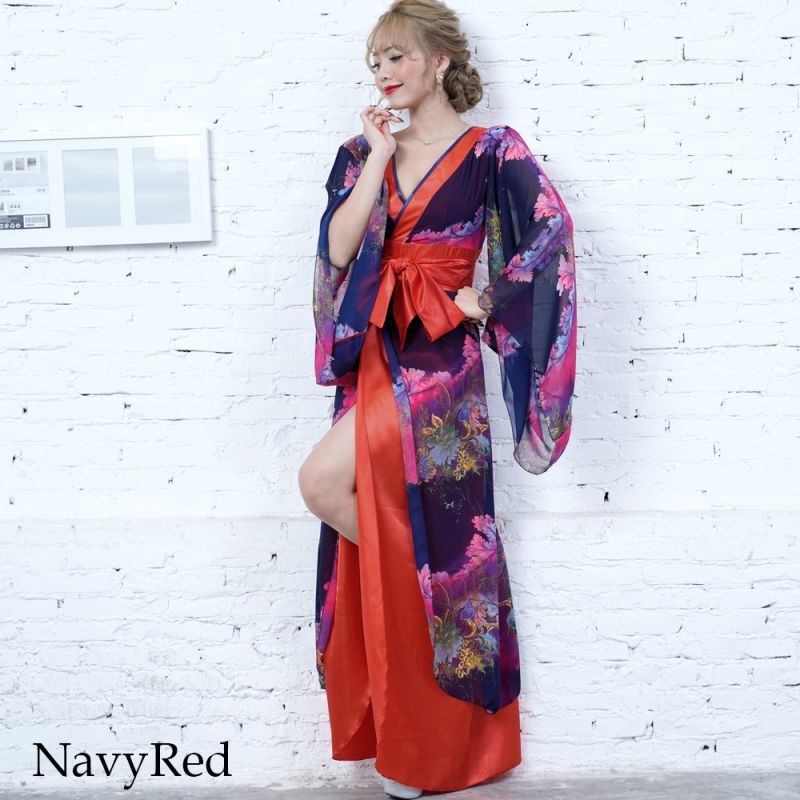 シフォン 花柄 オフショル 帯リボン ロング 着物ドレス 和柄 よさこい 