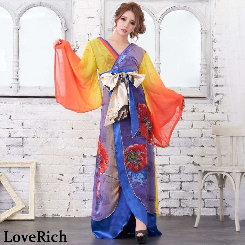 シフォン 花柄 豪華帯 パネル柄 ロング着物ドレス 衣装 ダンス 