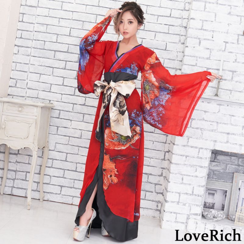 シフォン 花柄 豪華帯 パネル柄 ロング着物ドレス 衣装 ダンス 