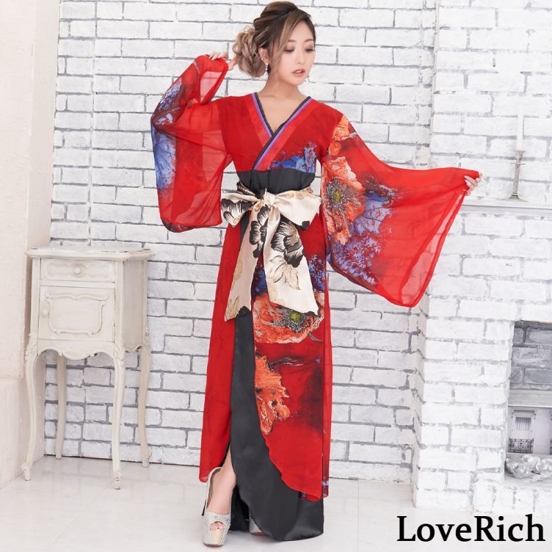 シフォン 花柄 豪華帯 パネル柄 ロング着物ドレス 衣装 ダンス 