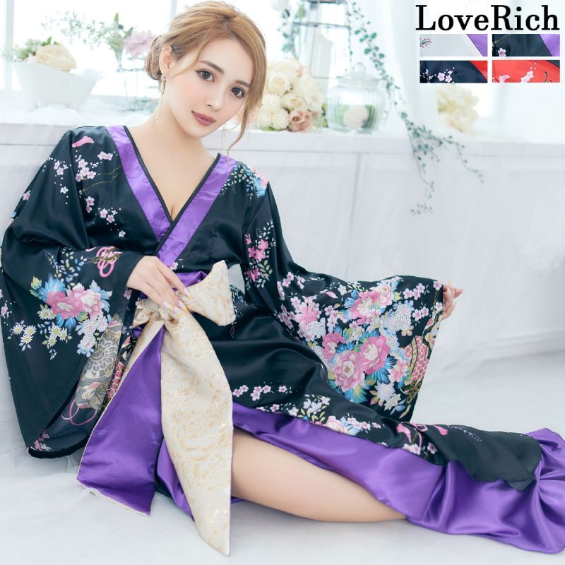 4カラー】花柄 和柄 ロング 豪華 帯 花魁 着物 ドレス コスプレ