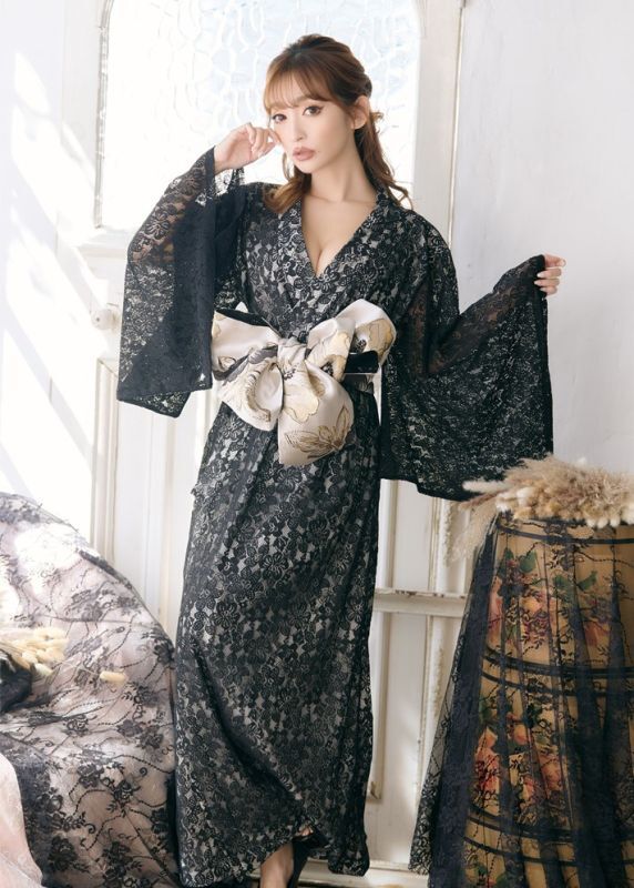 4カラー】総レース ロング 美胸 浴衣風 豪華 帯 花魁 着物 ドレス