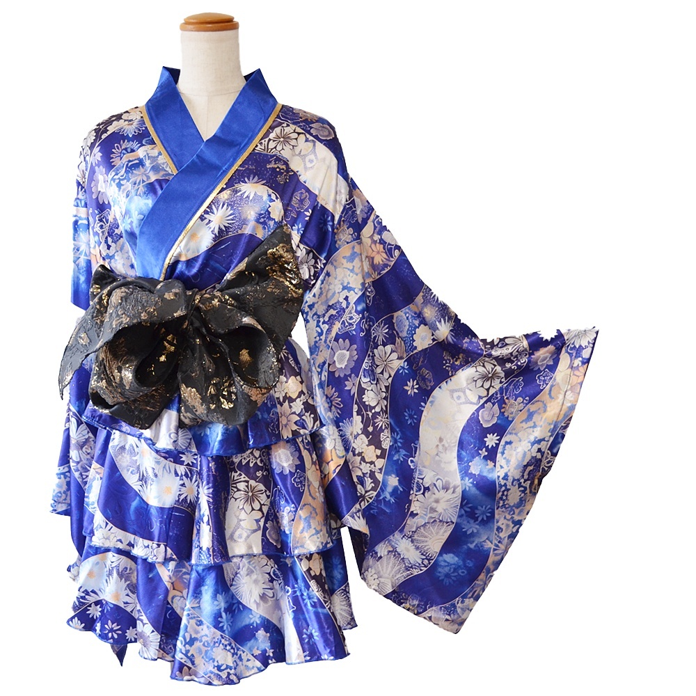 画像16: 【3点セット】花柄 セットアップ サテン生地 フリル ミニ 豪華 帯 花魁 着物 ドレス コスプレ ハロウィン キャバドレス (16)