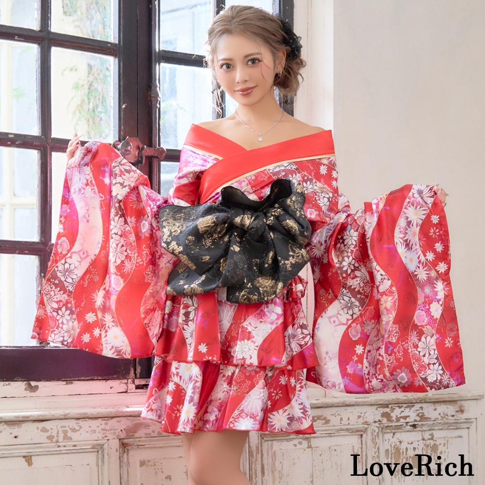 画像6: 【3点セット】花柄 セットアップ サテン生地 フリル ミニ 豪華 帯 花魁 着物 ドレス コスプレ ハロウィン キャバドレス (6)