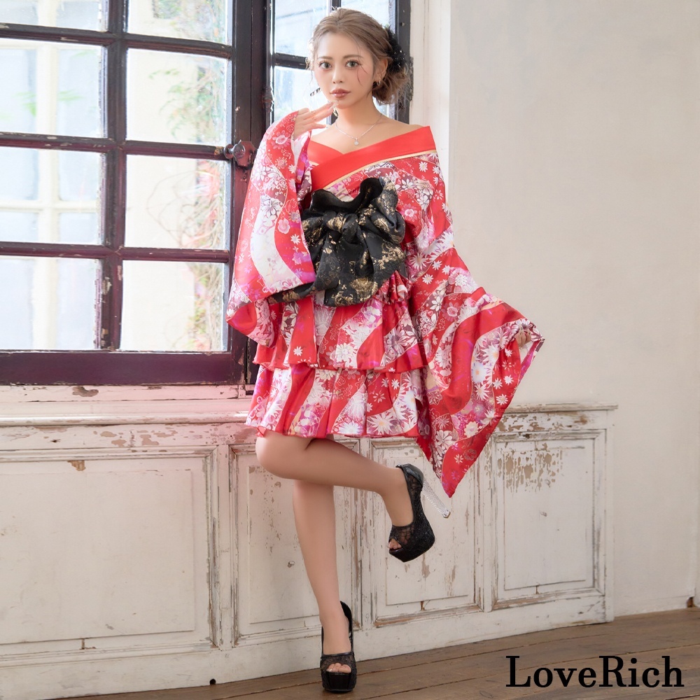 画像8: 【3点セット】花柄 セットアップ サテン生地 フリル ミニ 豪華 帯 花魁 着物 ドレス コスプレ ハロウィン キャバドレス (8)