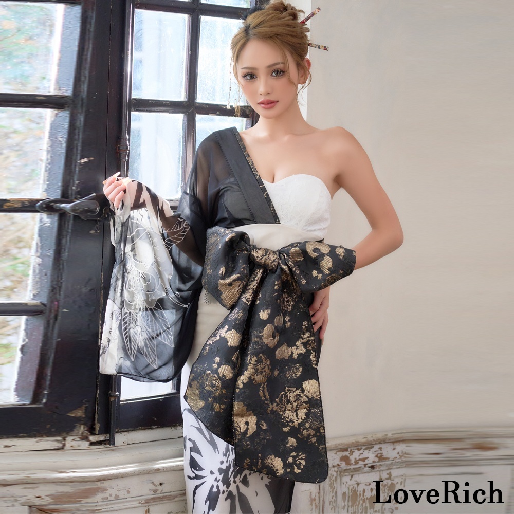 画像7: 送料無料!【高級ライン】【2点セット】ワンショル モノトーン シフォン レース アシンメトリー 花柄 スリット 豪華 帯 花魁 着物 ドレス コスプレ ハロウィン キャバドレス (7)