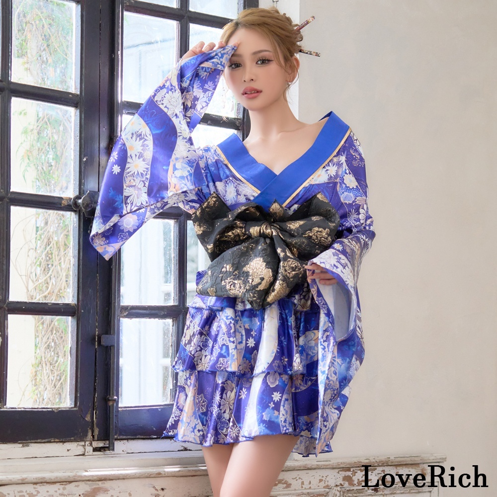 画像5: 【3点セット】花柄 セットアップ サテン生地 フリル ミニ 豪華 帯 花魁 着物 ドレス コスプレ ハロウィン キャバドレス (5)