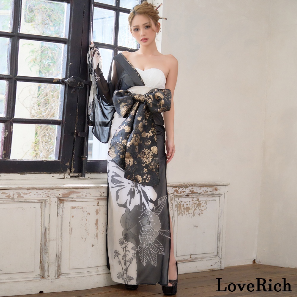 画像6: 送料無料!【高級ライン】【2点セット】ワンショル モノトーン シフォン レース アシンメトリー 花柄 スリット 豪華 帯 花魁 着物 ドレス コスプレ ハロウィン キャバドレス (6)