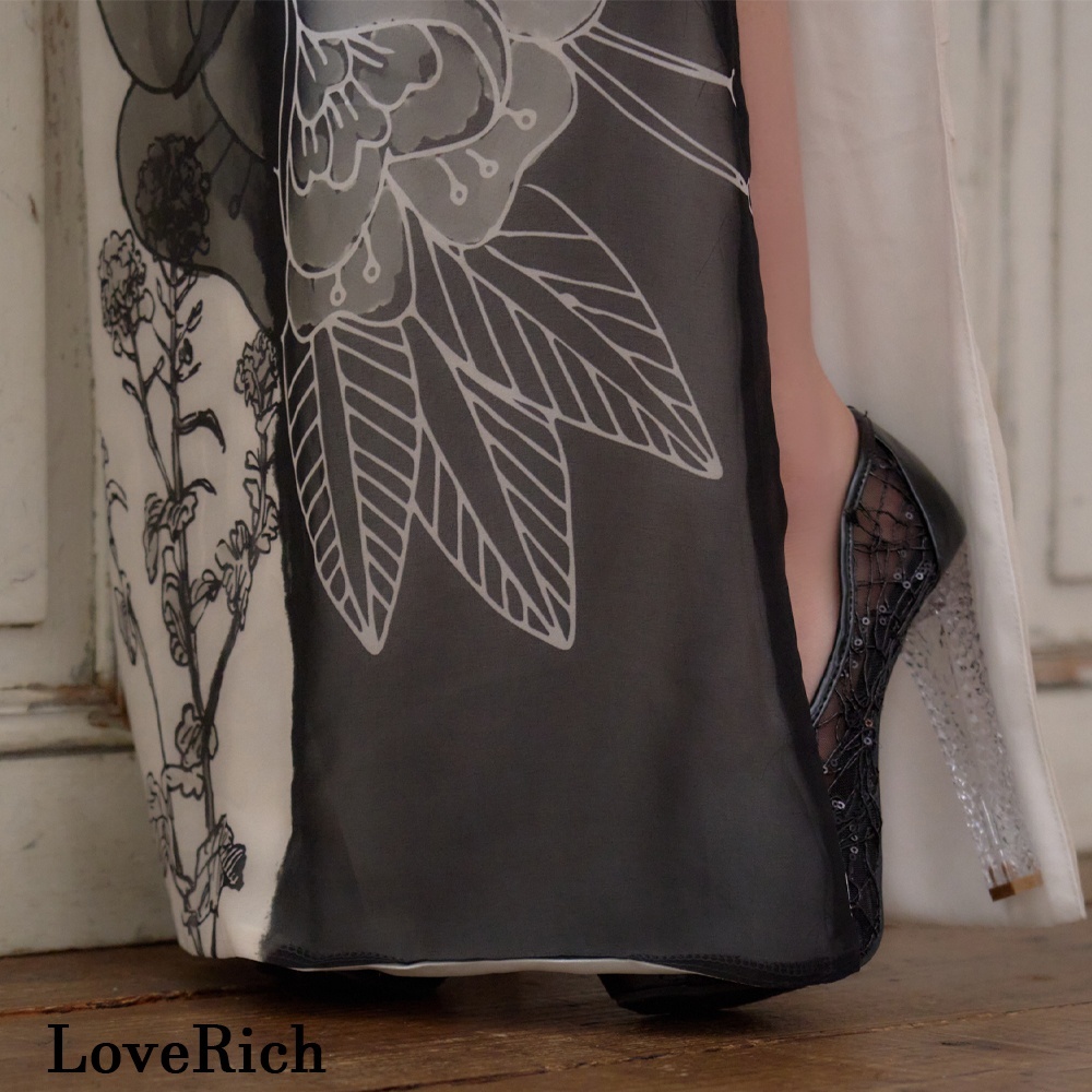 画像10: 送料無料!【高級ライン】【2点セット】ワンショル モノトーン シフォン レース アシンメトリー 花柄 スリット 豪華 帯 花魁 着物 ドレス コスプレ ハロウィン キャバドレス (10)