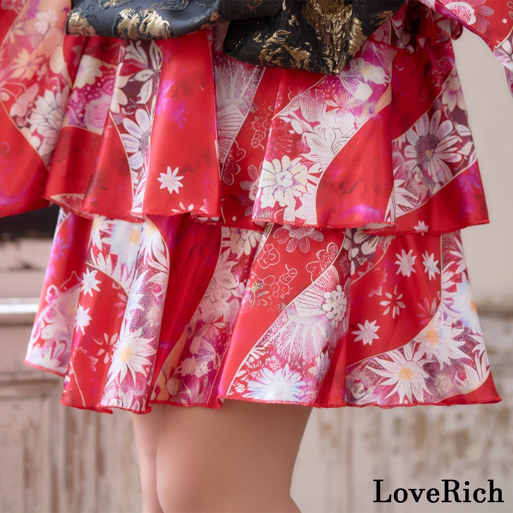 画像13: 【3点セット】花柄 セットアップ サテン生地 フリル ミニ 豪華 帯 花魁 着物 ドレス コスプレ ハロウィン キャバドレス (13)